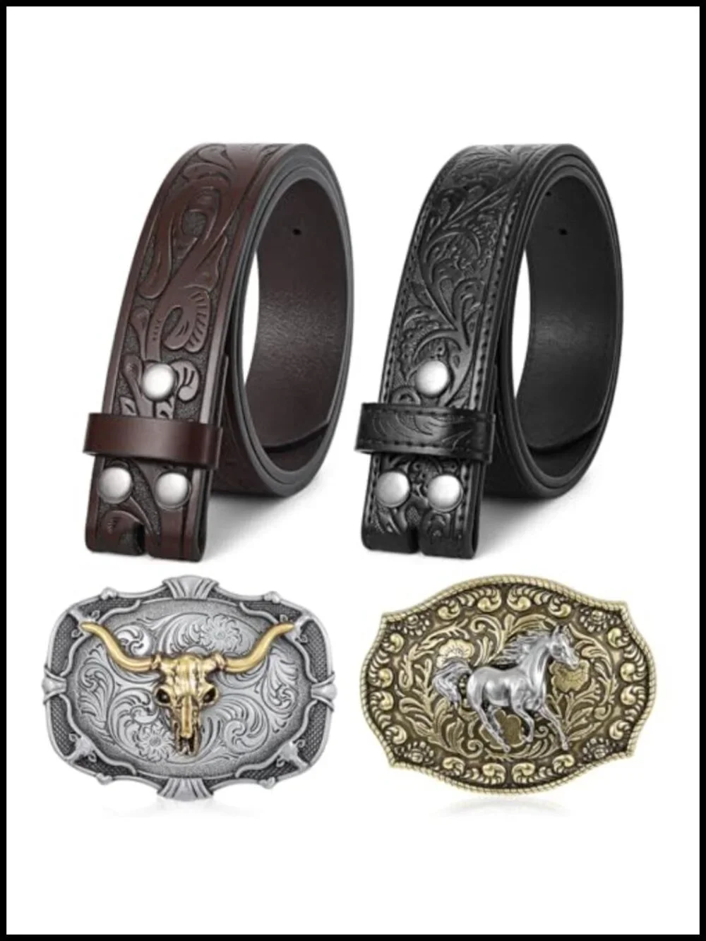 Western Cowboy Belt Set 2 Pack Genuine Leather Men Women
